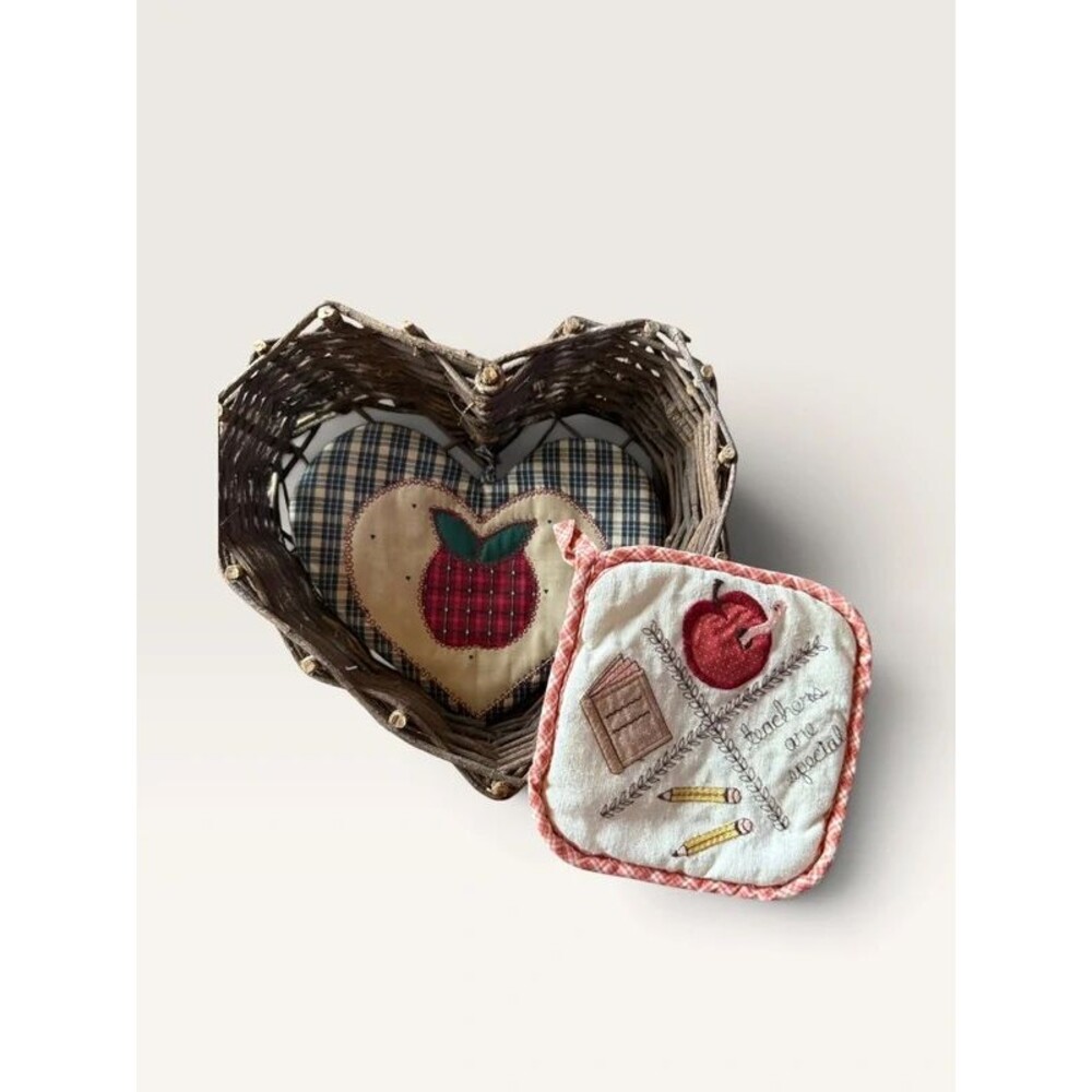 Vintage Country Apple Teacher Pot Holder Gift Set with Heart Twig Basket